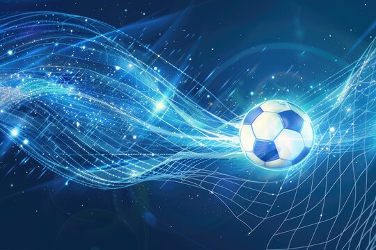 Illustrative Concept of Soccer Ball with Light Trails in Goal Net, Sporty Background