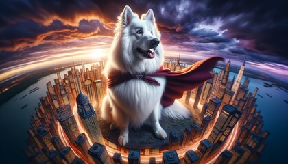 A white Swiss Shepherd dog with soft, fluffy fur, wearing a superhero cape, posed heroically.