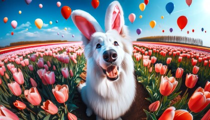 A close-up image of a white Swiss Shepherd dog with soft, fluffy fur and large bunny ears sitting in a vibrant field of tulips.
