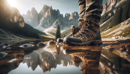 A detailed image of a pair of hiking boots at the edge of a mountain stream, with the reflection showing a majestic mountain range. - obrazy, fototapety, plakaty