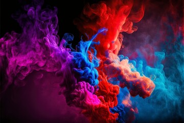 Abstract Art of Swirling Smoke Plumes in Blue, Pink, Red, and Purple Hues with Ample Space on Black Background