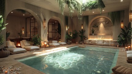 Luxurious spa with a serene pool area and relaxation loungesHyperrealistic