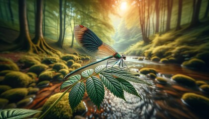 A detailed, high-resolution image of a dragonfly perched gracefully on a leaf near a woodland stream.