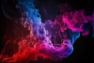 Abstract Art of Swirling Smoke Plumes in Blue, Pink, Red, and Purple Hues with Ample Space on Black Background