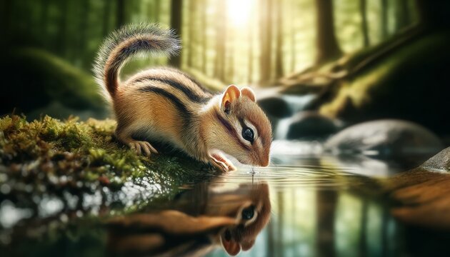 A detailed, high-resolution image of a small woodland creature, such as a chipmunk, captured in a candid moment while drinking