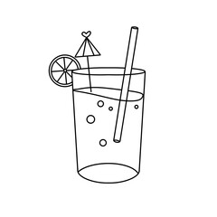 A glass of lemonade with a straw and a slice of lime. The glass is half full and the straw is sticking out of the top