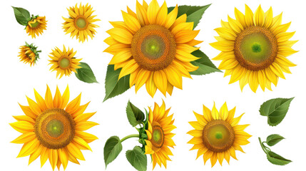 
Yellow sunflower flower with leaves collection isolated on white background.