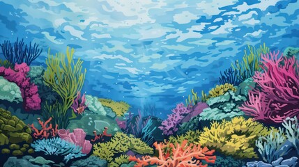 Vibrant graphic design gouache of a tropical coral reef in an underwater setting.

