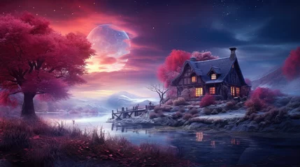 Foto op Canvas Small cottage in a beautiful snow forest at purple fullmoon night with star, cloud and sky. Illustration of winter landscape. © ribelco