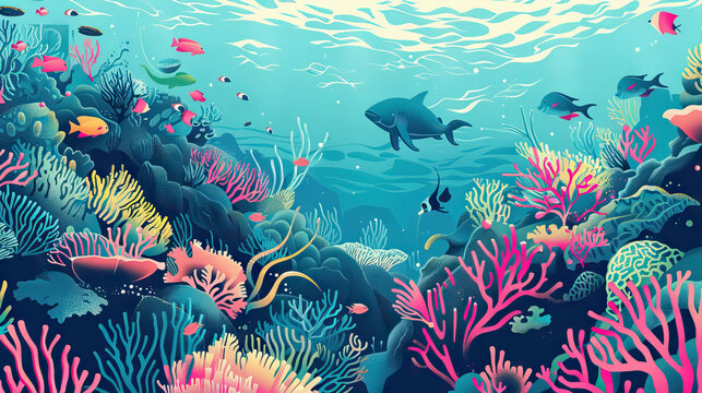 Animals of the underwater sea world background.