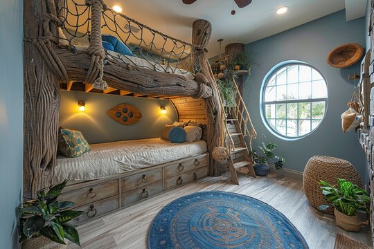 Adventure-themed kids bedroom with a loft bed and imaginative play areassuper detailed