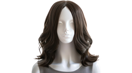 
Natural looking dark brunet wig on white mannequin head. Middle length brown hair on the plastic wig holder isolated on white background,