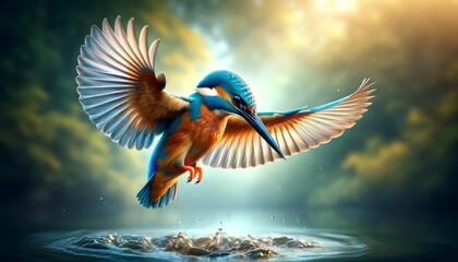 Design a detailed and photorealistic image of a kingfisher hovering mid-air with its wings fully spread, on the verge of diving into the water below.