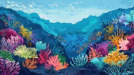 Fototapeta na wymiar Tropical coral reef underwater illustrated in graphic design gouache. 