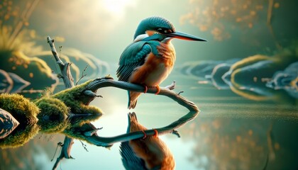 A photorealistic image of a kingfisher perched elegantly on a slender branch that dips into a serene pond.
