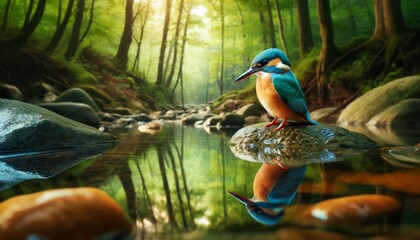 Create an image of a kingfisher standing on a rock at the edge of a clear forest stream.