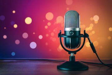 Podcast mic colorful background, broadcasting equipment concept - obrazy, fototapety, plakaty