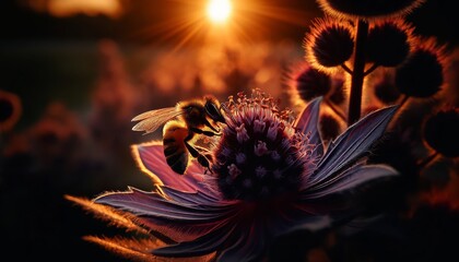 A close-up of a honeybee collecting nectar from a deep purple flower at sunset. - obrazy, fototapety, plakaty