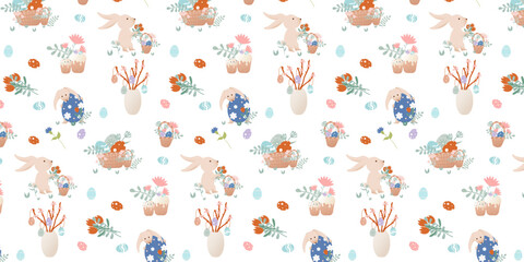 Happy Easter clip art. Pattern with cartoon characters in retro style. Easter bunny, flowers, basket with Easter eggs, vase, bouquet.