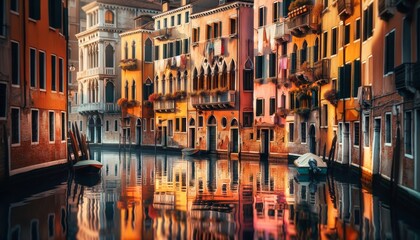 A detailed close-up of colorful Venetian building facades reflecting in the calm canal water. - obrazy, fototapety, plakaty