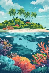 Fototapeta na wymiar Graphic design gouache portraying an underwater tropical coral reef scene. 