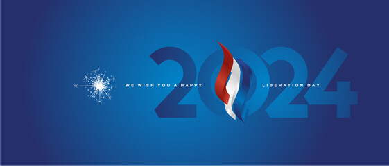Happy Liberation Day 2024 event. Netherlands 3d flag ribbon flame over numbers of 2024 vector illustration on blue background - obrazy, fototapety, plakaty