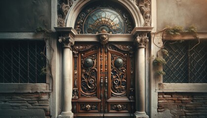 A richly decorated doorway of a Venetian house, featuring an ornate wooden door with complex carvings, brass fittings.