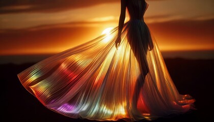 A close-up image of a translucent, flowing dress with a spectrum of sunset colors worn by a figure standing against the backdrop of a sunset.
