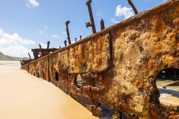 Wide view of the S.S. Maheno Shipwreck along 75 mile beach on the sand island of K’gari,...