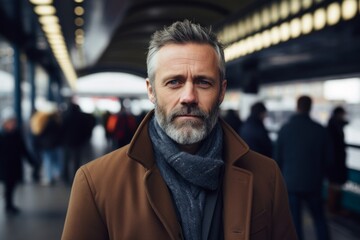 Portrait of a handsome senior man with gray beard and mustache, wearing a brown coat and gray scarf, standing in a subway station. - obrazy, fototapety, plakaty