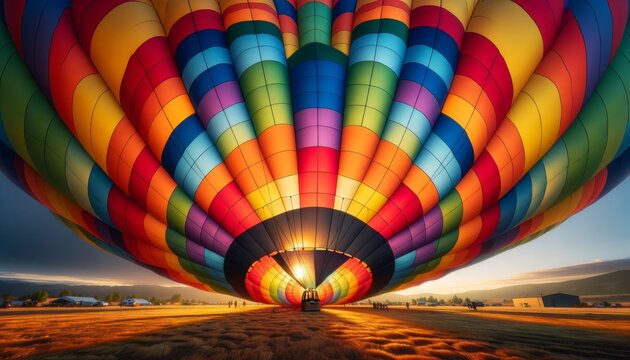 A close-up image of a multicolored hot air balloon partially inflated on the ground.