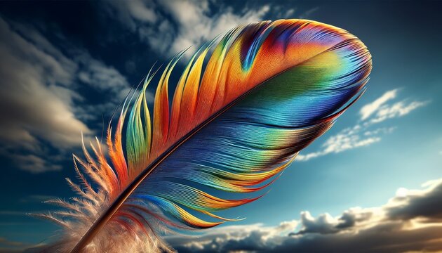 A close-up image of a large, colorful feather with intricate details against a blue sky.