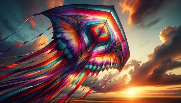 A close-up image of a vibrant kite soaring high in a clear sky during sunset.