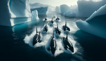 A medium shot of a pod of orcas swimming in formation near icebergs.