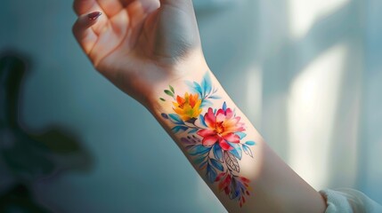 Watercolor flower tattoo on wrist in soft daylight - obrazy, fototapety, plakaty