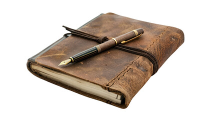 
A leather notebook and pen set against a white background.
