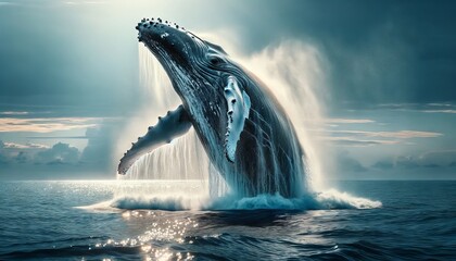 A close-up of a humpback whale breaching the ocean surface. - obrazy, fototapety, plakaty