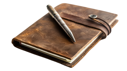 A leather notebook and pen set against a white background.