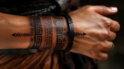 Tribal band tattoo with Polynesian patterns on arm
