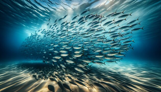 A medium shot capturing a school of fish swimming in unison in crystal clear blue waters.