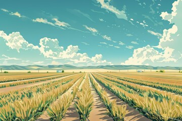 Stylized digital illustration of vast wheat fields under a dynamic sky in a rural landscape