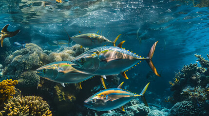 Obraz na płótnie Canvas side view school of tuna swimming gracefully in the ocean.