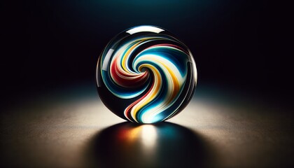 A close-up shot of a glass marble against a dark backdrop, with a swirl of colors inside that echo the tones of the uploaded image.