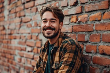 Portrait of a handsome young man smiling against a brick wall. - obrazy, fototapety, plakaty