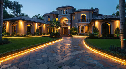 an advertisement for LED light strips on the driveway of an opulent mansion in Florida at night. Created with Ai