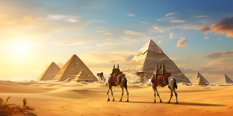 camels with riders are passing in the desert under the blue sky exploration wilderness sunlight background