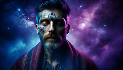 A close-up of a medicine man with closed eyes, a peaceful aura about him, against a backdrop of deep purples and blues suggesting the mysteries of the. - obrazy, fototapety, plakaty