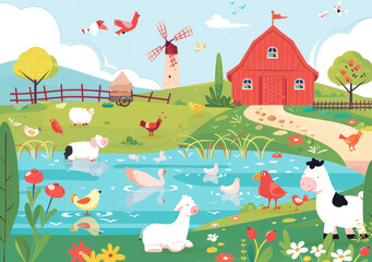 Obraz na płótnie Canvas A farm with many animals, including cows and sheep, is depicted in the background of an illustration