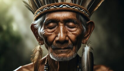 A close-up portrait of an indigenous elder with weathered skin, their eyes gently closed, wearing a crown of feathers and traditional ear ornaments.