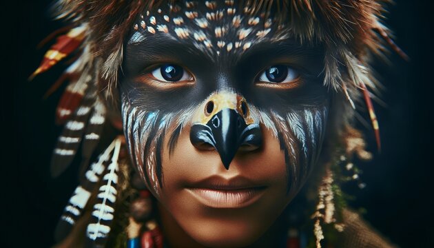 A tight shot of a young indigenous person with their face painted to depict their tribe’s totem animal, perhaps a hawk or a bear, with natural element.